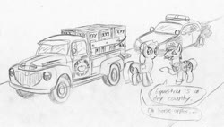 Size: 900x510 | Tagged: safe, artist:sketchywolf-13, applejack, oc, earth pony, pony, g4, 2012, alcohol, car, caught, clothes, cowboy hat, cutie mark, female, ford, ford crown victoria, hat, male, mare, monochrome, moonshine, pickup truck, police, police car, police officer, prohibition, road, speech bubble, stallion, text, traditional art, vehicle