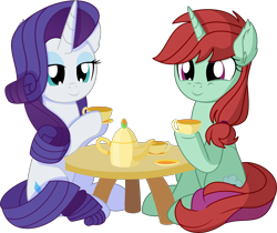 Size: 7761x6534 | Tagged: safe, artist:cyanlightning, rarity, oc, oc:wanderlust, pony, unicorn, g4, .svg available, absurd resolution, commission, cup, duo, food, lidded eyes, simple background, sitting, table, tea, teacup, teapot, transparent background, vector