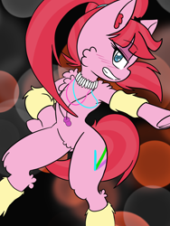 Size: 1536x2048 | Tagged: safe, artist:steelsoul, pacific glow, semi-anthro, g4, arm hooves, bipedal, dancing, female, jewelry, leg warmers, looking at you, mare, necklace, pigtails, smiling, solo, wingding eyes