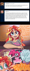 Size: 1280x2995 | Tagged: safe, artist:ask-sunpie, artist:wimsie, pinkie pie, sunset shimmer, human, tumblr:ask sunpie, g4, ask, band shirt, blouse, clothes, comic, dialogue, door, door slam, dress, female, heart, humanized, lesbian, onomatopoeia, postcrush, screaming, ship:sunsetpie, shipping