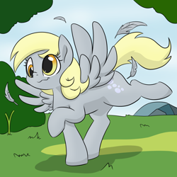 Size: 1050x1050 | Tagged: safe, artist:dendollae, derpy hooves, pegasus, pony, g4, :3, cute, derp, derpabetes, feather, female, grass, landing, mare, solo, tree