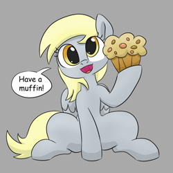 Size: 1050x1050 | Tagged: safe, artist:dendollae, derpy hooves, pegasus, pony, g4, cute, derp, derpabetes, female, food, gray background, mare, muffin, offering, simple background, sitting, solo, speech bubble, talking to viewer