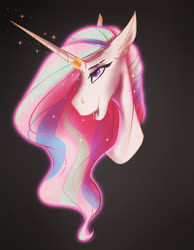 Size: 1826x2353 | Tagged: safe, artist:finchina, princess celestia, alicorn, pony, g4, black background, bust, female, glowing horn, horn, horn jewelry, jewelry, mare, portrait, simple background, smiling, solo