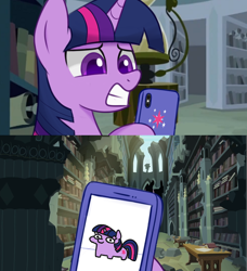 Size: 1060x1164 | Tagged: safe, artist:handgunboi, twilight sparkle, pony, unicorn, g4, cellphone, female, hoof hold, library, phone, smartphone, solo, twiggie