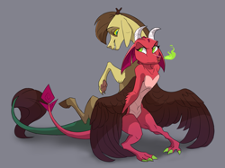 Size: 1443x1077 | Tagged: safe, artist:varwing, oc, oc only, oc:clear, oc:leaflitter, draconequus, dragon, hybrid, adopted offspring, dragonfire, interspecies offspring, offspring, parent:discord, parent:fluttershy, parents:discoshy