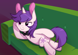 Size: 1602x1128 | Tagged: safe, artist:arshe12, artist:katnekobase, oc, oc only, oc:lapush buns, bunnycorn, pony, unicorn, bowtie, bunny ears, draw me like one of your french girls, lying on bed, on side, sofa bed, solo, ych result