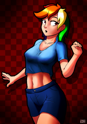 Size: 2507x3541 | Tagged: safe, artist:greenfireartist, rainbow dash, human, g4, 2010s, 2016, abs, beautiful, bedroom eyes, belly button, breasts, busty rainbow dash, checkered background, clothes, denim shorts, female, high res, humanized, lidded eyes, midriff, multicolored hair, open mouth, rainbow hair, red background, sexy, shirt, shorts, simple background, solo, sultry pose, t-shirt, thighs