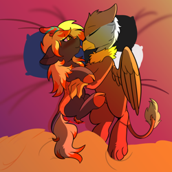 Size: 1080x1080 | Tagged: safe, artist:aurorafang, oc, oc only, oc:electra pleiades, oc:peregrine, griffon, kirin, pony, bed, couple, electragrine, kissing, licking, love, tongue out