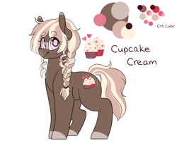 Size: 2392x1912 | Tagged: safe, artist:liefsong, oc, oc only, oc:cupcake cream, earth pony, pony, bean, braid, female, mare, reference sheet