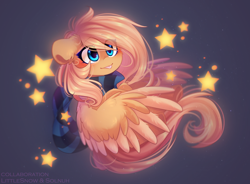 Size: 1800x1322 | Tagged: safe, artist:floweryoutoday, artist:littlesnow, oc, oc only, oc:mirta whoowlms, pegasus, pony, blue eyes, blushing, clothes, collaboration, messy mane, not fluttershy, scarf, stars, tongue out