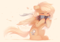 Size: 1614x1134 | Tagged: safe, artist:floweryoutoday, oc, oc only, oc:mirta whoowlms, pegasus, pony, blushing, clothes, scarf, wind, wings