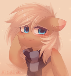 Size: 1006x1080 | Tagged: safe, artist:floweryoutoday, oc, oc only, oc:mirta whoowlms, pegasus, pony, blue eyes, blushing, clothes, crying, messy mane, scarf