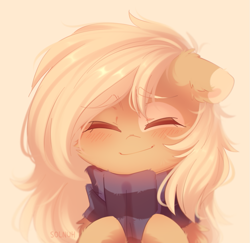 Size: 1039x1009 | Tagged: safe, artist:floweryoutoday, oc, oc only, oc:mirta whoowlms, pony, bust, clothes, female, heartwarming, mare, messy mane, portrait, scarf, smiling, solo