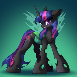 Size: 3000x3000 | Tagged: safe, artist:airiniblock, twilight sparkle, changeling, rcf community, g4, changelingified, female, gradient background, green background, high res, simple background, solo, species swap, twiling