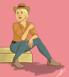 Size: 2700x3000 | Tagged: safe, artist:angelpony99, applejack, human, g4, female, high res, humanized, pink background, simple background, solo