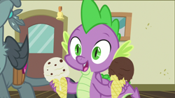 Size: 1920x1080 | Tagged: safe, screencap, gabby, spike, dragon, griffon, dragon dropped, g4, cute, cute little fangs, fangs, food, happy, ice cream, ice cream cone, male, post office, solo focus, spikabetes, winged spike, wings
