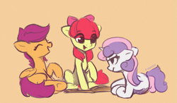 Size: 2221x1293 | Tagged: safe, artist:freeedon, apple bloom, scootaloo, sweetie belle, earth pony, pegasus, pony, unicorn, g4, adorabloom, blank flank, book, bow, cute, cutealoo, cutie mark crusaders, diasweetes, eye clipping through hair, eyes closed, female, filly, foal, folded wings, hair bow, horn, laughing, lying down, on side, open mouth, open smile, orange background, simple background, sitting, smiling, tail, trio, trio female, wings