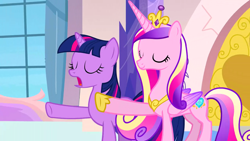 Size: 1280x720 | Tagged: safe, screencap, princess cadance, twilight sparkle, alicorn, pony, unicorn, g4, games ponies play, concave belly, crystal empire, sisters-in-law, slender, thin
