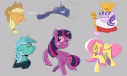 Size: 1784x1069 | Tagged: safe, artist:another_pony, applejack, fluttershy, lyra heartstrings, princess luna, starlight glimmer, twilight sparkle, alicorn, earth pony, pegasus, pony, unicorn, fanfic:background pony, g4, bed, clothes, dig the swell hoodie, doodle, hoodie, scepter, sketch, sketch dump, twilight sparkle (alicorn)