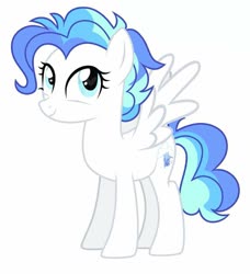 Size: 935x1024 | Tagged: safe, oc, oc only, oc:raindrop, oc:the cyberneticist, pegasus, pony, fallout equestria: kingpin, blue eyes, blue mane, commissioner:genki, female, justice mare, mare, multicolored mane, pegasus oc, smiling, solo, white coat, wings, young mare