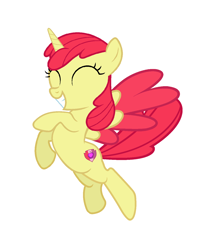 Size: 1216x1456 | Tagged: safe, derpibooru exclusive, edit, editor:proto29, apple bloom, alicorn, pony, g4, alicornified, bloomicorn, colored wings, female, flying, race swap, simple background, solo, transformation, white background, wings