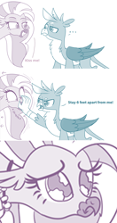 Size: 732x1382 | Tagged: safe, artist:sintakhra, edit, edited edit, gallus, silverstream, griffon, hippogriff, g4, ..., coronavirus, covid-19, cute, diastreamies, edit of an edit of an edit, female, gallabetes, gallus is not amused, kiss me, male, no, out of context, parody, sad, ship:gallstream, shipping, shipping denied, smiling, smirk, social distancing, straight, text edit, unamused
