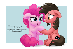 Size: 5000x3332 | Tagged: safe, artist:jhayarr23, pinkie pie, oc, oc:ace play, earth pony, pony, g4, absurd resolution, canon x oc, coronavirus, covid-19, cute, dialogue, diapinkes, duo, facial hair, female, floppy ears, goatee, heartwarming, holding hooves, hoof hold, hoof touch, male, mare, movie accurate, pinkie promise, pinkieplay, positive ponies, shipping, simple background, sitting, stallion, straight, truth, vector