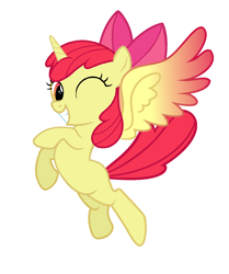 Size: 1216x1456 | Tagged: safe, alternate version, derpibooru exclusive, edit, editor:proto29, apple bloom, alicorn, pony, g4, alicornified, blank flank, bloomicorn, colored wings, female, flying, one eye closed, race swap, simple background, solo, transformation, white background, wings, wink