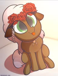 Size: 1079x1415 | Tagged: safe, artist:perezadotarts, part of a set, oc, oc only, oc:rosalie, pegasus, pony, commission, cute, flower, flower in hair, mlem, pegasus oc, silly, solo, tongue out, wings, ych result
