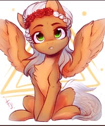 Size: 1080x1296 | Tagged: safe, artist:falafeljake, oc, oc only, oc:rosalie, pegasus, pony, chest fluff, cute, female, flower, flower in hair, looking at you, mare, pegasus oc, sitting, wings