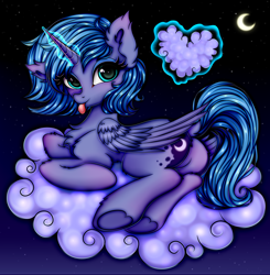 Size: 2600x2650 | Tagged: safe, artist:mite-lime, princess luna, alicorn, pony, g4, :p, alternate hairstyle, butt, chest fluff, cloud, cute, ear fluff, female, filly, high res, levitation, looking at you, lunabetes, magic, mare, moon, moonbutt, night, plot, prone, sky, solo, starry night, stars, telekinesis, tongue out, woona, younger