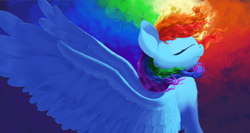 Size: 3240x1720 | Tagged: safe, artist:vultraz, rainbow dash, pegasus, pony, g4, bust, eyes closed, female, leg fluff, mare, profile, solo, spread wings, wings