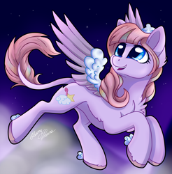 Size: 2164x2202 | Tagged: safe, artist:gleamydreams, oc, oc only, oc:powder floof, pegasus, pony, blue eyes, chest fluff, cloud, female, high res, mare, mountain, solo, stars