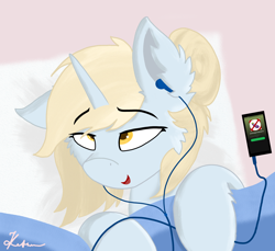 Size: 2000x1829 | Tagged: safe, artist:kotwitz, artist:vinyvitz, oc, oc only, oc:aria taitava, pony, unicorn, ahegao, bed, bedroom eyes, blonde, earbuds, fluffy, hair bun, open mouth, phone, smiling, solo, spotify, tongue out
