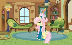 Size: 3000x1876 | Tagged: safe, alternate version, artist:melimoo2000, fluttershy, pegasus, pony, g4, alternate hairstyle, alternate universe, bow, braid, clothes, crying, cutie mark, ear fluff, female, fluttershy's cottage, hair bow, sad, shoes, solo, sweater, tied mane, two toned mane, two toned tail, wings