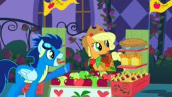 Size: 1280x720 | Tagged: safe, screencap, applejack, soarin', earth pony, pegasus, pony, g4, the best night ever, clothes, dress, female, folded wings, gala dress, goggles, male, stallion, uniform, wings, wonderbolts, wonderbolts uniform