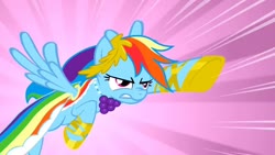 Size: 1280x720 | Tagged: safe, screencap, rainbow dash, pegasus, pony, g4, the best night ever, clothes, dress, female, flying, gala dress, sliding background, solo