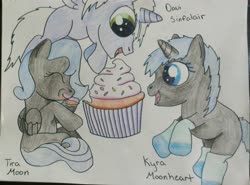 Size: 3526x2606 | Tagged: safe, artist:marvelmoon, oc, oc only, oc:davi sinfalair, oc:kyra moonheart, oc:tira moon, alicorn, pegasus, pony, unicorn, alicorn oc, clothes, cupcake, cute, foal, food, high res, horn, socks, traditional art, wings