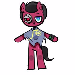Size: 2711x2711 | Tagged: safe, artist:plasma fall, oc, oc only, oc:red eye, cyborg, earth pony, human, pony, fallout equestria, cyber eyes, fallout, fanfic, fanfic art, high res, hooves, humanized, male, pipbuck, simple background, solo, stallion, white background