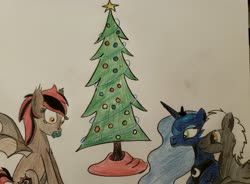 Size: 3980x2928 | Tagged: safe, artist:marvelmoon, princess luna, oc, oc:alex sinfalair, oc:scarlet dusk, bat pony, pegasus, pony, g4, apple, christmas, christmas tree, food, high res, holiday, lulex, traditional art, tree