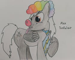 Size: 2934x2356 | Tagged: safe, artist:marvelmoon, oc, oc only, oc:alex sinfalair, pegasus, pony, clown, clown nose, high res, red nose, silly, silly pony, tongue out