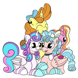 Size: 1900x1900 | Tagged: safe, artist:appleneedle, artist:icicle-niceicle-1517, color edit, edit, cozy glow, luster dawn, princess flurry heart, pumpkin cake, alicorn, pegasus, pony, unicorn, g4, a better ending for cozy, alternate hairstyle, bow, choker, clothes, collaboration, colored, ear piercing, earring, eyes closed, female, flurry heart gets all the mares, freckles, grin, hair bow, hug, jewelry, lesbian, mare, nose piercing, nose ring, older, older cozy glow, older flurry heart, older pumpkin cake, open mouth, piercing, polyamory, pumpkin heart glow, ship:cozyheart, ship:pumpkin heart, shipping, simple background, sitting, smiling, socks, striped socks, transparent background