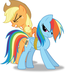 Size: 1885x2063 | Tagged: safe, artist:frownfactory, applejack, rainbow dash, earth pony, pegasus, pony, fall weather friends, g4, .svg available, applejack's hat, bound, bound wings, cowboy hat, female, hat, mare, rope, simple background, svg, transparent background, vector, wings