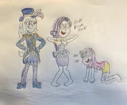 Size: 3599x2964 | Tagged: safe, artist:13mcjunkinm, rarity, sweetie belle, trixie, equestria girls, g4, barefoot, behaving like a chicken, behaving like a dog, clothes, feet, headband, high res, hypnosis, hypnotized, jacket, magician outfit, pencil skirt, rarity peplum dress, skirt, traditional art