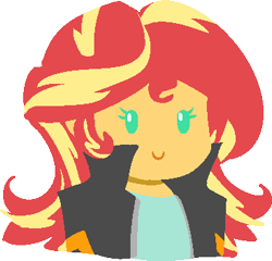 Size: 367x352 | Tagged: safe, artist:reiduran, sunset shimmer, equestria girls, g4, beady eyes, bust, chibi, clothes, cute, female, jacket, lineless, portrait, shimmerbetes, simple background, smiling, solo, transparent background