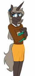Size: 485x1057 | Tagged: safe, artist:redxbacon, oc, oc only, oc:parch well, anthro, book, clothes, cute, female, glasses, ocbetes, simple background, skirt, solo, white background