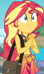 Size: 550x928 | Tagged: safe, screencap, sunset shimmer, equestria girls, equestria girls series, forgotten friendship, g4, belly button, bikini, bikini top, blurry background, building, cliff, clothes, cloud, cropped, cute, female, forest background, geode of empathy, gold, hands together, jewelry, magical geodes, midriff, necklace, outdoors, sarong, sexy, shimmerbetes, shoulder bag, sky, sleeveless, smiling, solo, sun, swimsuit, wristband