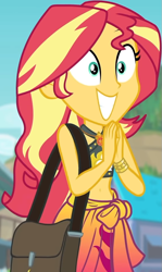 Size: 553x927 | Tagged: safe, screencap, sunset shimmer, equestria girls, equestria girls series, forgotten friendship, g4, belly button, bikini, bikini top, blurry background, building, cliff, clothes, cloud, cropped, cute, female, forest background, geode of empathy, gold, hands together, jewelry, magical geodes, midriff, necklace, outdoors, sarong, shimmerbetes, shoulder bag, sky, sleeveless, smiling, solo, sun, swimsuit, wristband