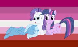 Size: 1575x945 | Tagged: safe, artist:krzykelly, edit, rarity, trixie, twilight sparkle, g4, female, lesbian, lesbian pride flag, lesbian visibility day, polyamory, pride, pride flag, rarixie, ship:rarilight, ship:twixie, shipping, twixity