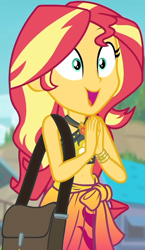 Size: 536x925 | Tagged: safe, screencap, sunset shimmer, equestria girls, equestria girls series, forgotten friendship, g4, belly button, bikini, bikini top, blurry background, building, cliff, clothes, cloud, cropped, cute, female, forest background, geode of empathy, hands together, jewelry, magical geodes, midriff, necklace, sarong, shimmerbetes, shoulder bag, sky, sleeveless, smiling, solo, sun, swimsuit